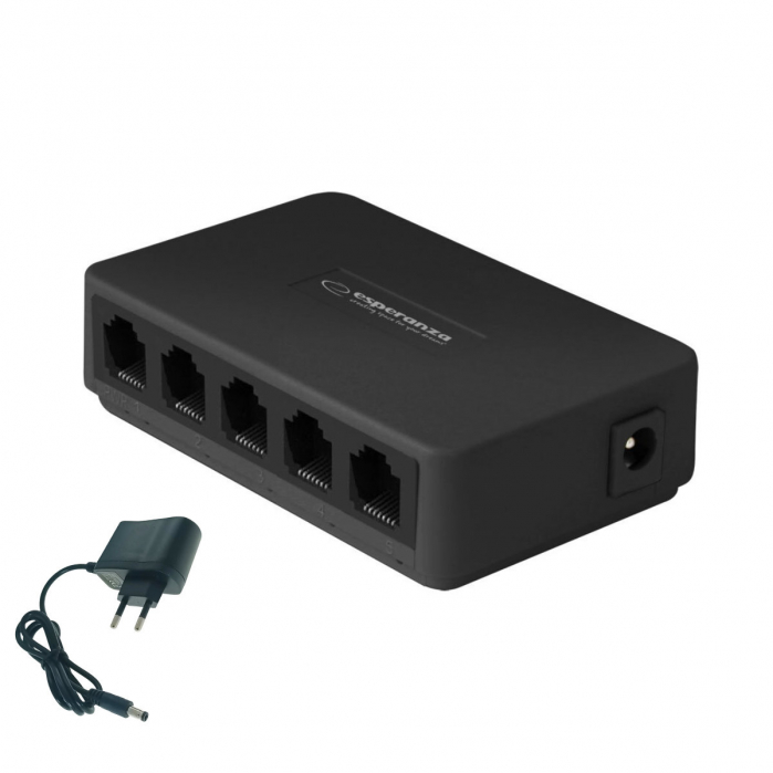 Switch Ethernet cu 5 porturi RJ-45 10/100 Mbps, 5V, cu incarcator, negru [2]