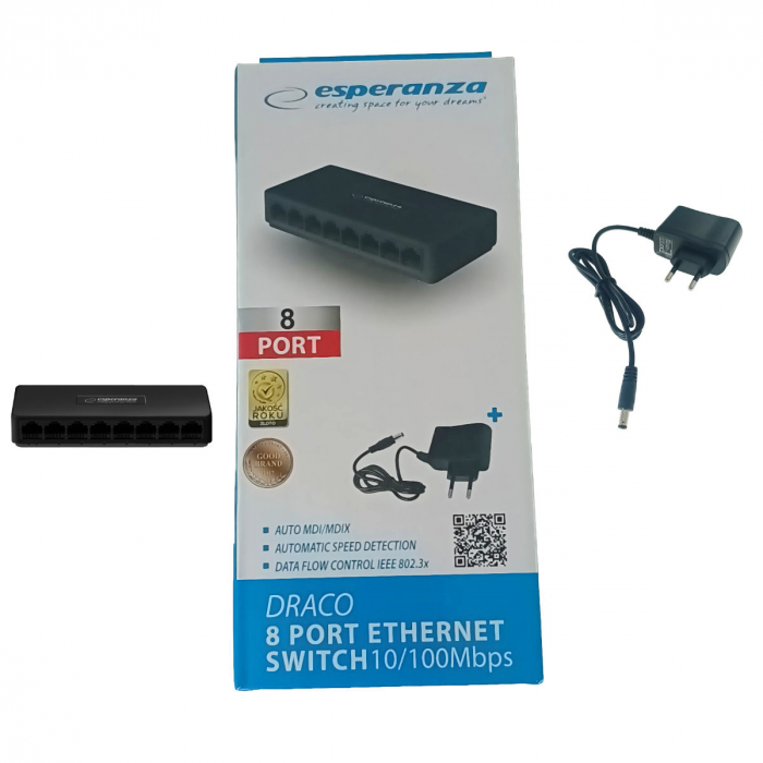 Switch Ethernet cu 8 porturi RJ-45 10/100 Mbps, 5V, cu incarcator, negru [3]