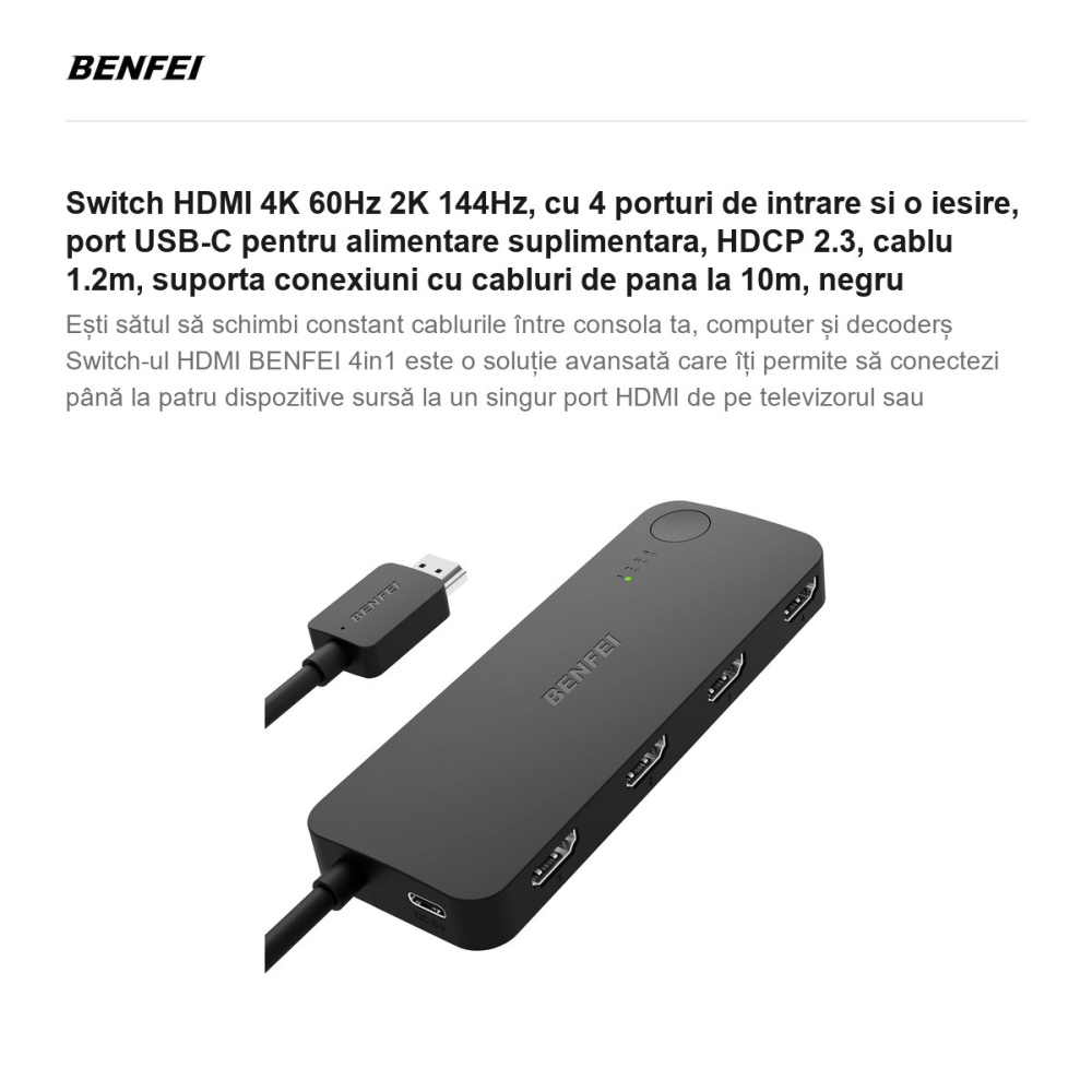 Switch HDMI 4K 60Hz 2K 144Hz, cu 4 porturi de intrare si o iesire, port USB-C pentru alimentare suplimentara, HDCP 2.3, cablu 1.2m, suporta conexiuni cu cabluri de pana la 10m, negru [2]