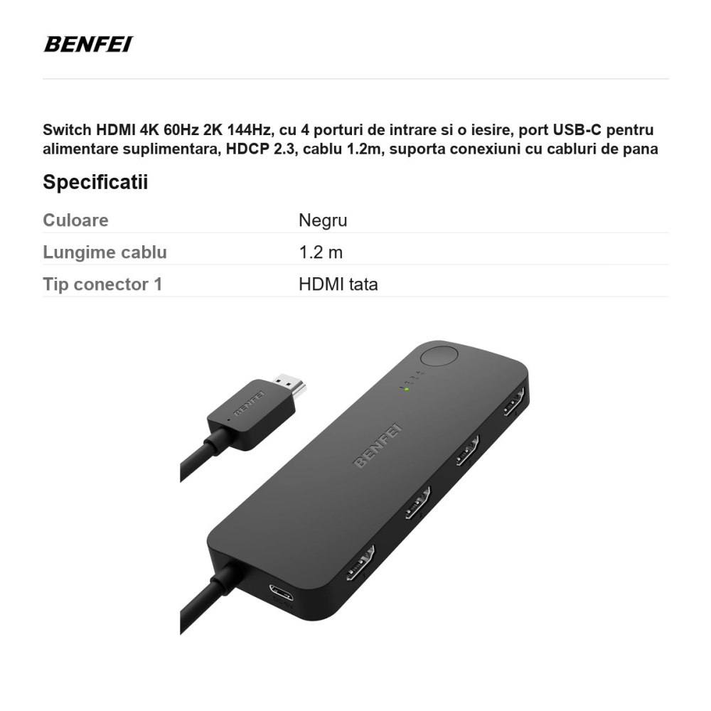 Switch HDMI 4K 60Hz 2K 144Hz, cu 4 porturi de intrare si o iesire, port USB-C pentru alimentare suplimentara, HDCP 2.3, cablu 1.2m, suporta conexiuni cu cabluri de pana la 10m, negru [3]