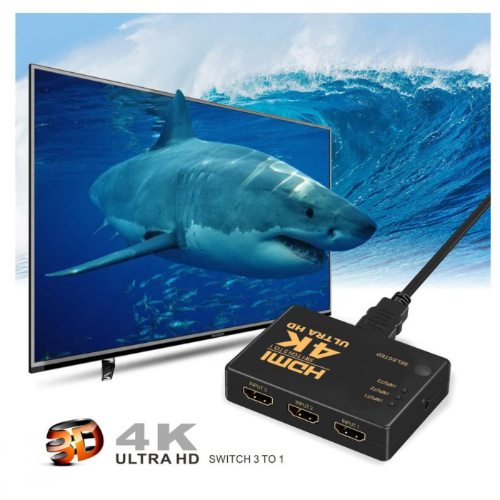 Hub HDMI 4K cu 3 intrari si 1 iesire, suporta 1080p, telecomanda inclusa [4]