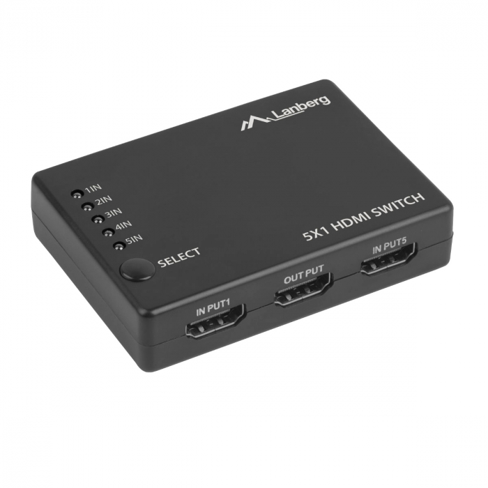 Switch video Lanberg 42434, comutator cu 5 intrari HDMI si un port de iesire HDMI 4K, 3D, telecomanda, alimentare microUSB 5V 1A, negru [1]