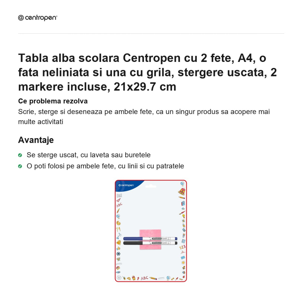 Tabla alba scolara Centropen cu 2 fete, A4, o fata neliniata si una cu grila, stergere uscata, 2 markere incluse, 21x29.7 cm [2]