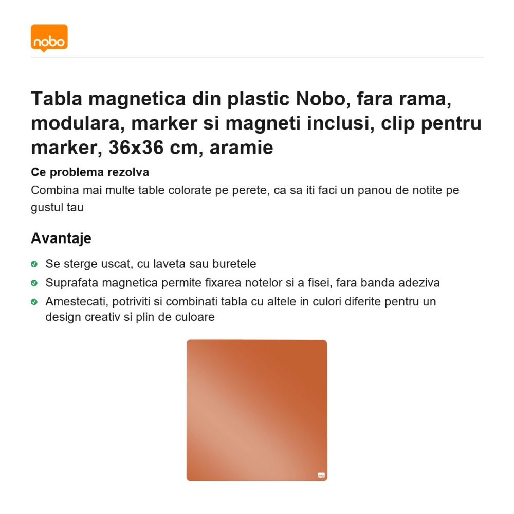Tabla magnetica din plastic Nobo, fara rama, modulara, marker si magneti inclusi, clip pentru marker, 36x36 cm, aramie [2]