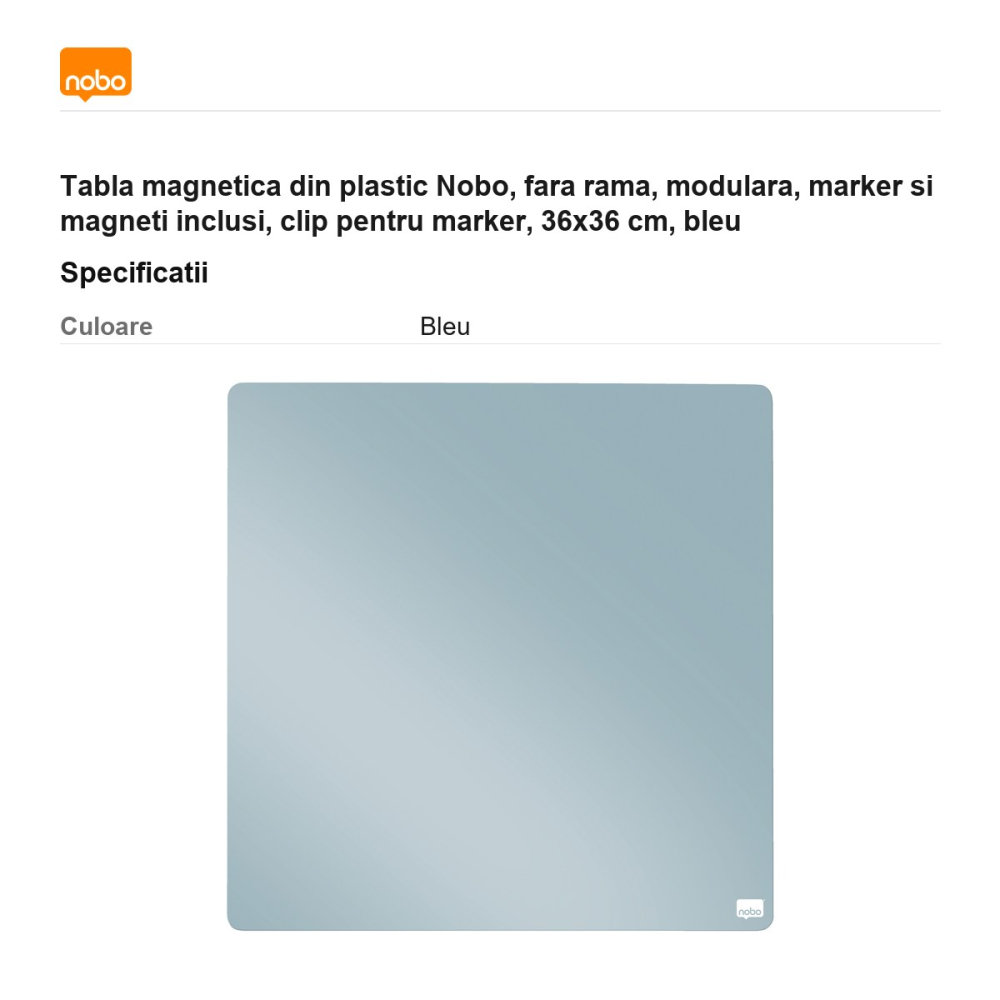 Tabla magnetica din plastic Nobo, fara rama, modulara, marker si magneti inclusi, clip pentru marker, 36x36 cm, bleu [3]