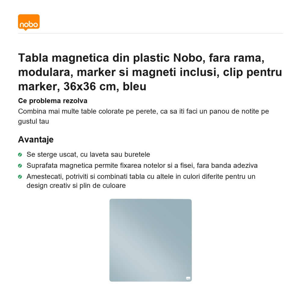 Tabla magnetica din plastic Nobo, fara rama, modulara, marker si magneti inclusi, clip pentru marker, 36x36 cm, bleu [2]