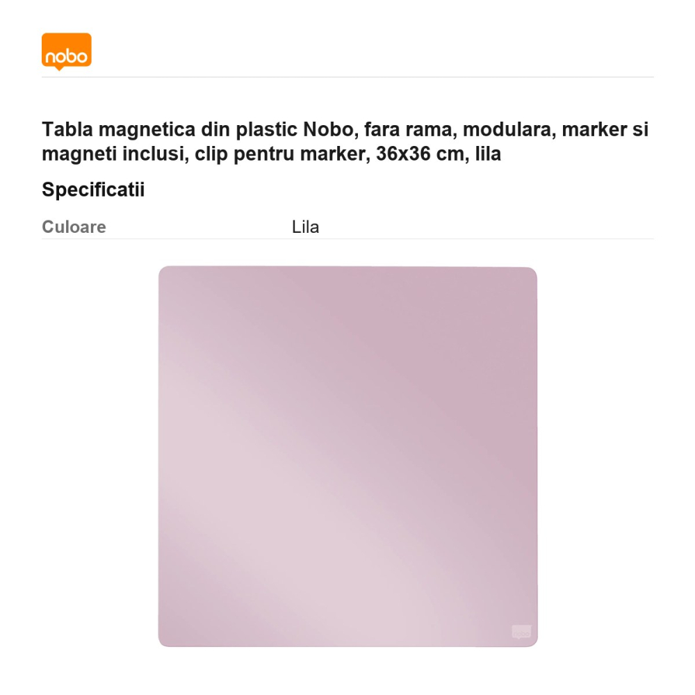 Tabla magnetica din plastic Nobo, fara rama, modulara, marker si magneti inclusi, clip pentru marker, 36x36 cm, lila [3]