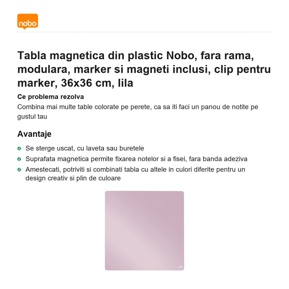 Tabla magnetica din plastic Nobo, fara rama, modulara, marker si magneti inclusi, clip pentru marker, 36x36 cm, lila [2]