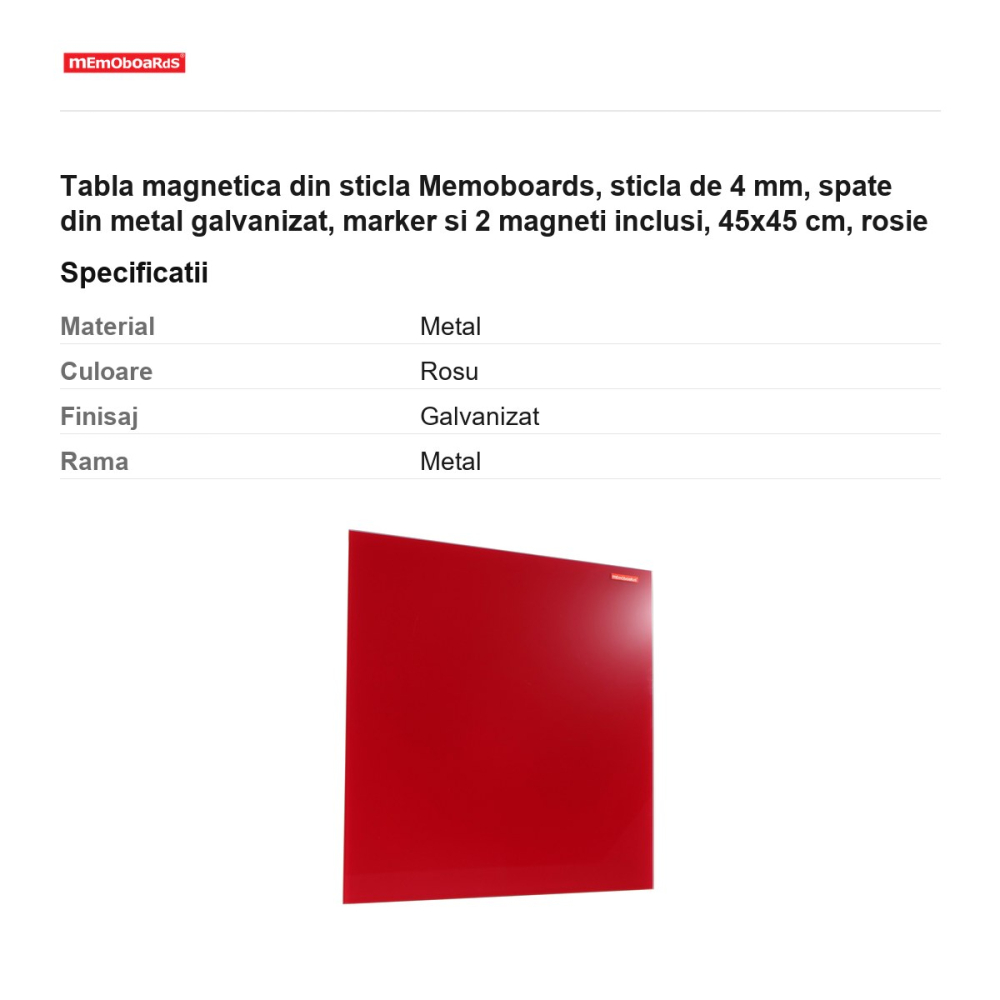 Tabla magnetica din sticla Memoboards, sticla de 4 mm, spate din metal galvanizat, marker si 2 magneti inclusi, 45x45 cm, rosie [3]