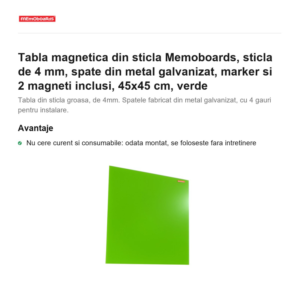 Tabla magnetica din sticla Memoboards, sticla de 4 mm, spate din metal galvanizat, marker si 2 magneti inclusi, 45x45 cm, verde [2]