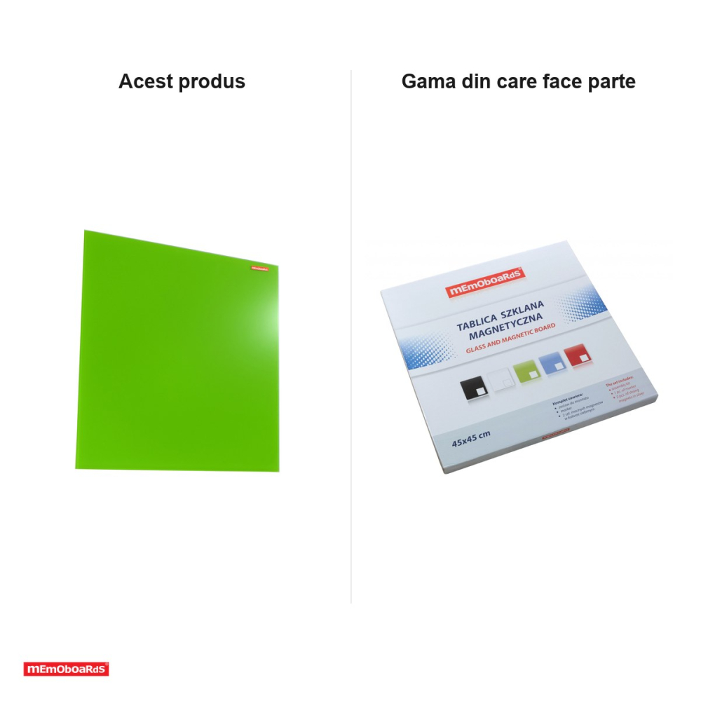 Tabla magnetica din sticla Memoboards, sticla de 4 mm, spate din metal galvanizat, marker si 2 magneti inclusi, 45x45 cm, verde [6]