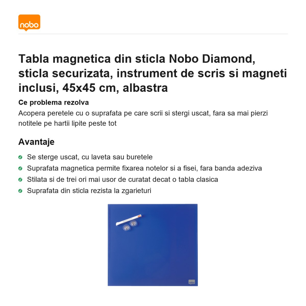 Tabla magnetica din sticla Nobo Diamond, sticla securizata, instrument de scris si magneti inclusi, 45x45 cm, albastra [2]