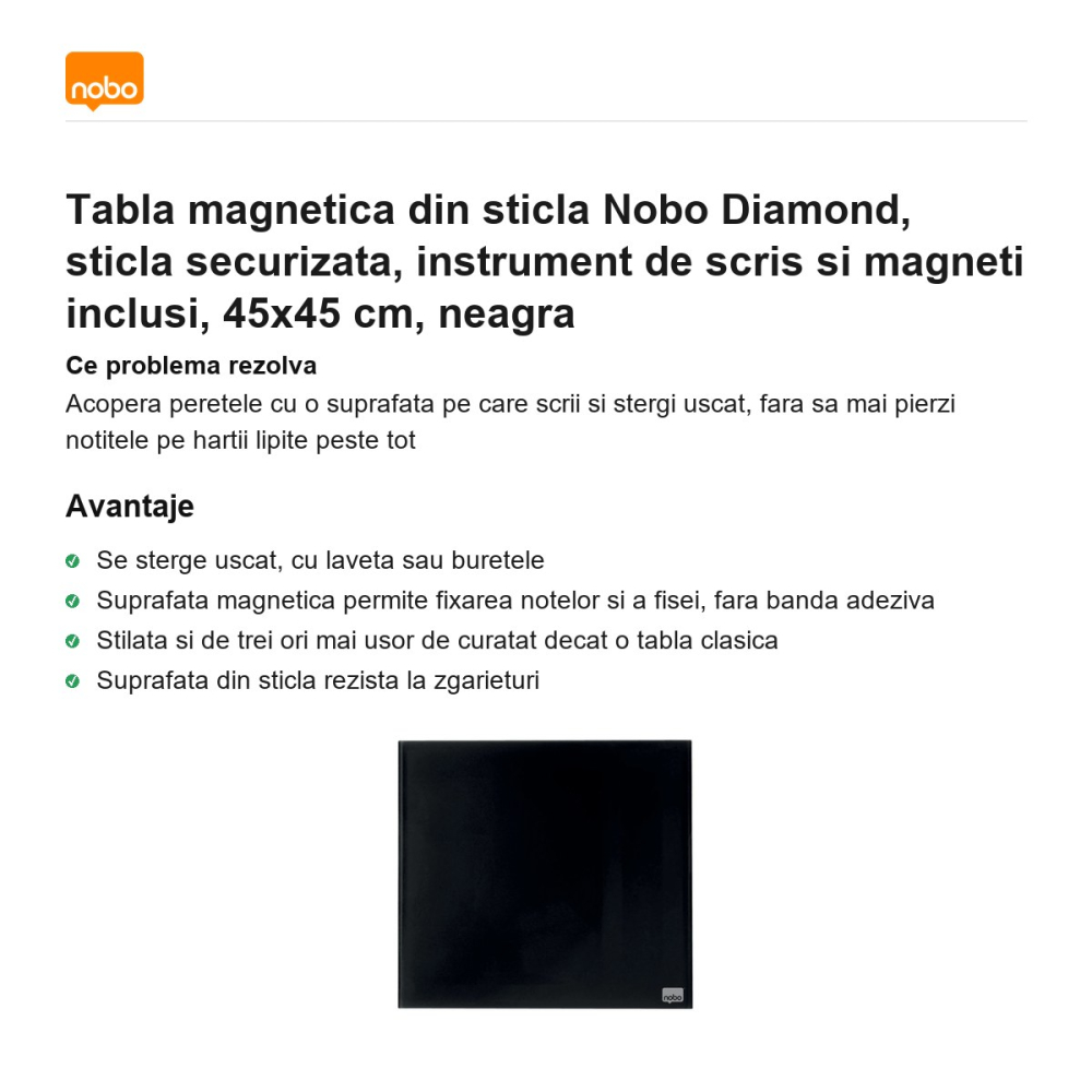 Tabla magnetica din sticla Nobo Diamond, sticla securizata, instrument de scris si magneti inclusi, 45x45 cm, neagra [2]