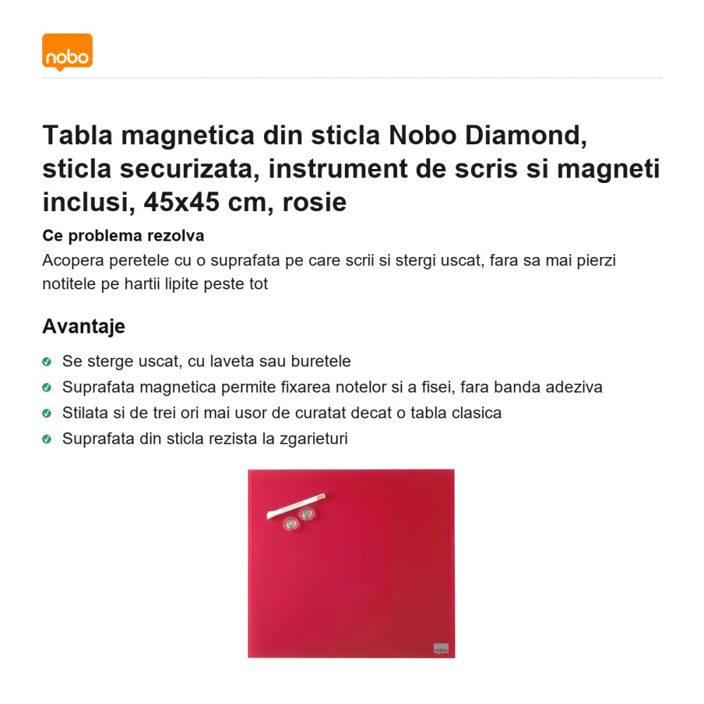 Tabla magnetica din sticla Nobo Diamond, sticla securizata, instrument de scris si magneti inclusi, 45x45 cm, rosie [2]