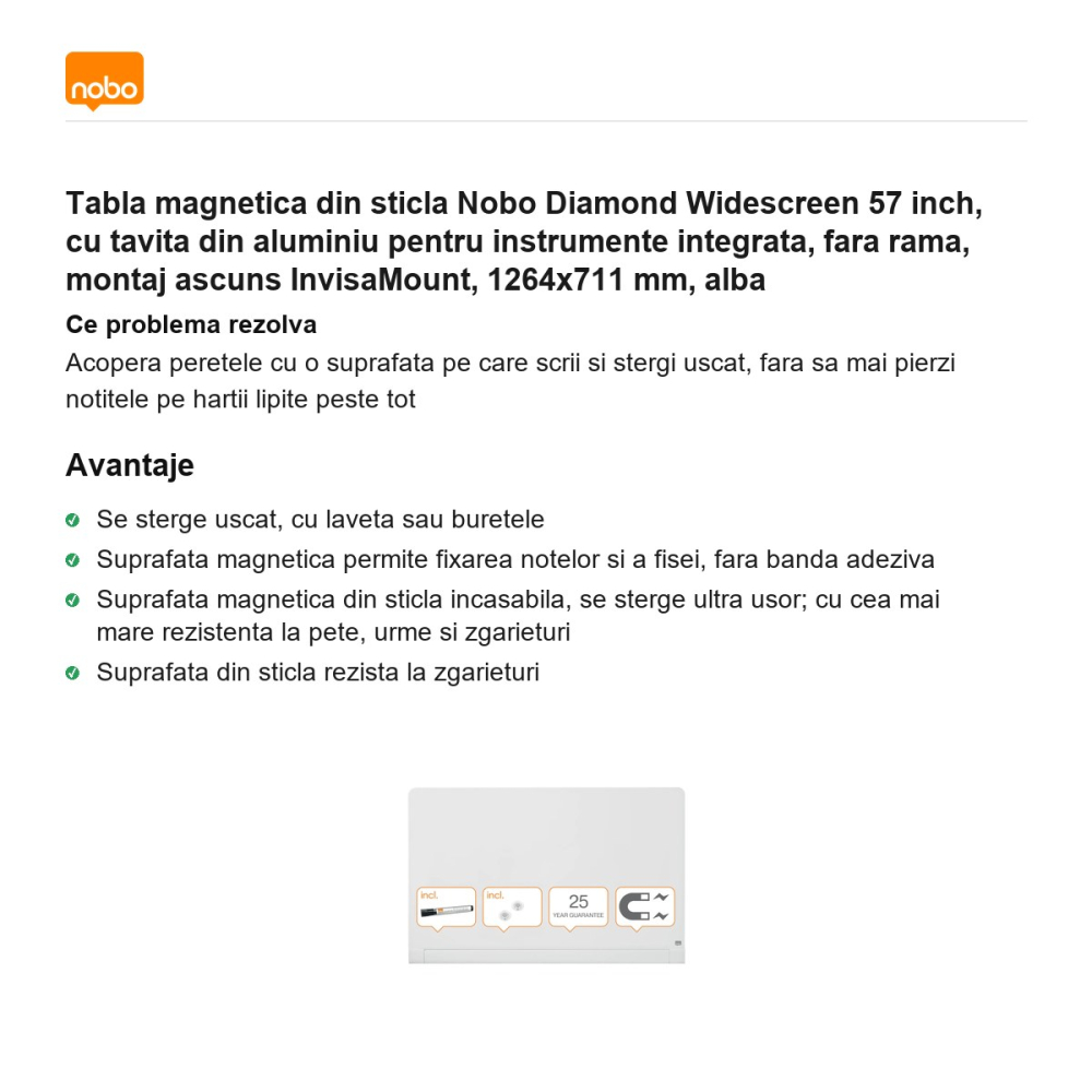 Tabla magnetica din sticla Nobo Diamond Widescreen 57 inch, cu tavita din aluminiu pentru instrumente integrata, fara rama, montaj ascuns InvisaMount, 1264x711 mm, alba [2]