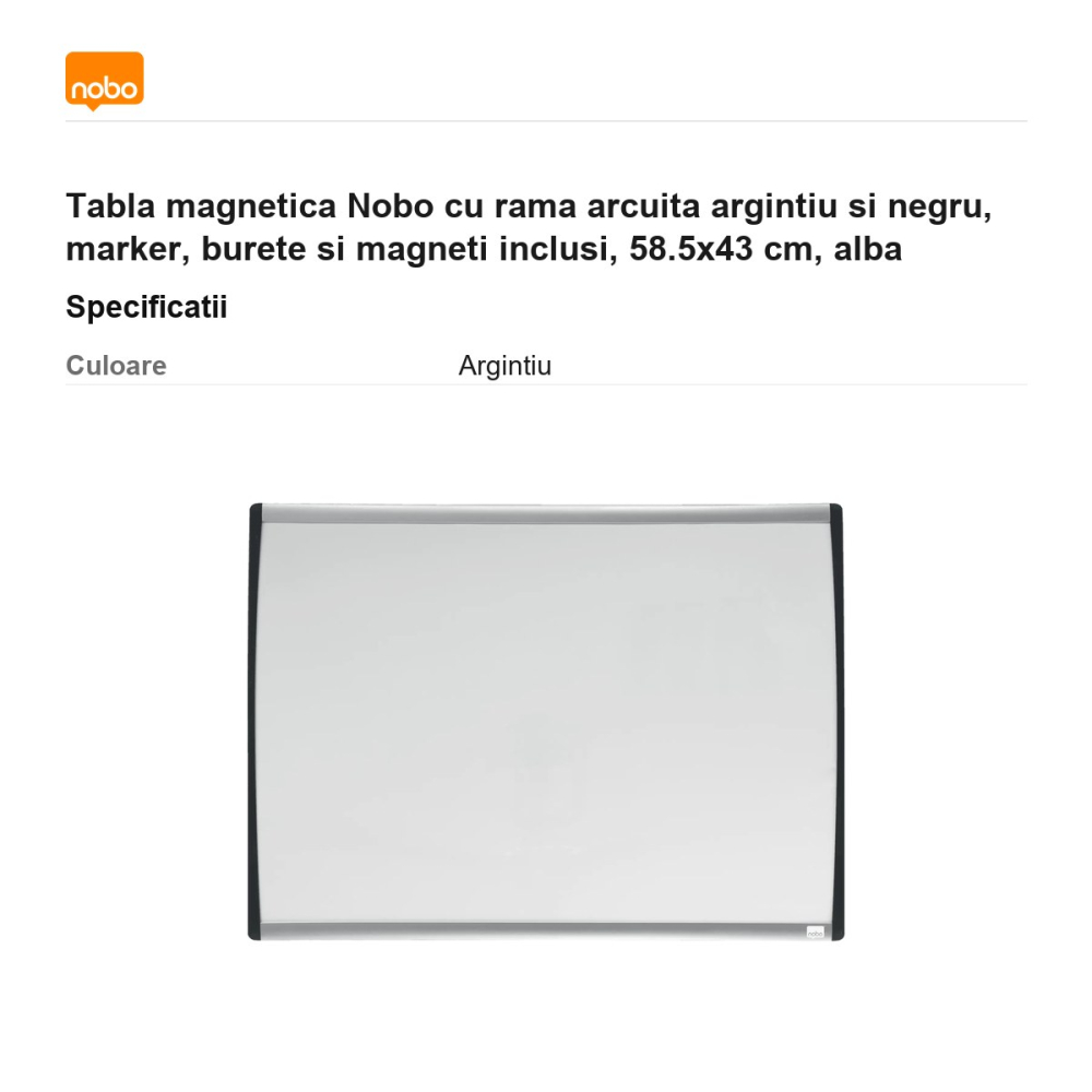 Tabla magnetica Nobo cu rama arcuita argintiu si negru, marker, burete si magneti inclusi, 58.5x43 cm, alba [3]