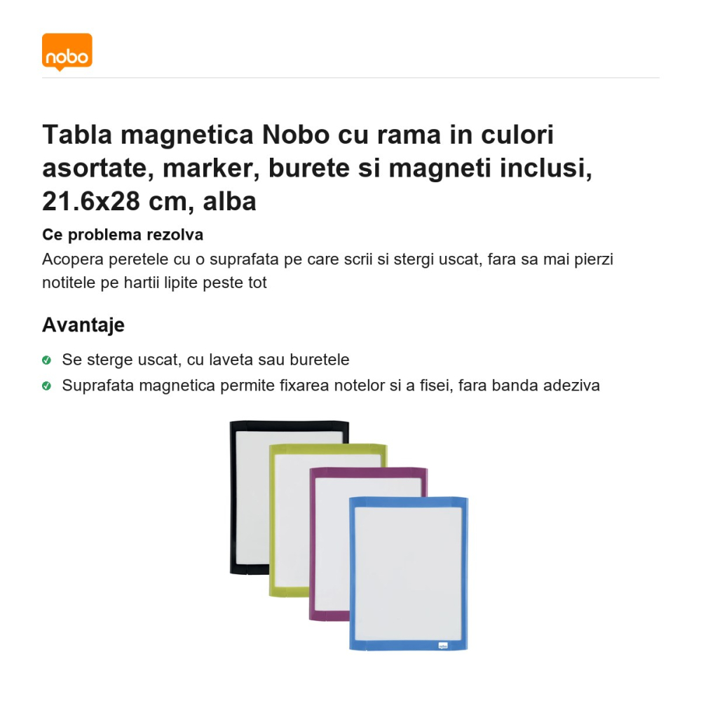 Tabla magnetica Nobo cu rama in culori asortate, marker, burete si magneti inclusi, 21.6x28 cm, alba [2]