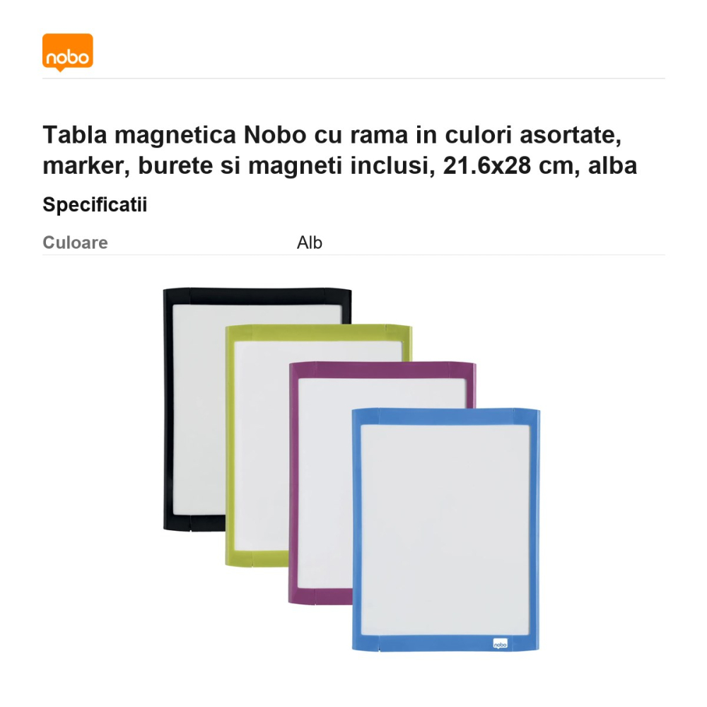 Tabla magnetica Nobo cu rama in culori asortate, marker, burete si magneti inclusi, 21.6x28 cm, alba [3]