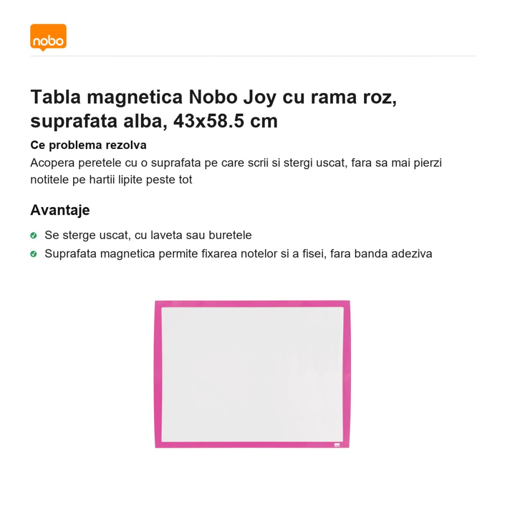 Tabla magnetica Nobo Joy cu rama roz, suprafata alba, 43x58.5 cm [2]