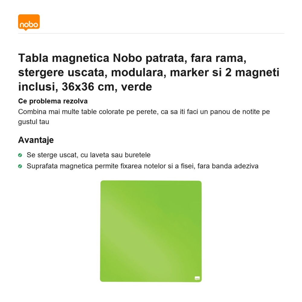 Tabla magnetica Nobo patrata, fara rama, stergere uscata, modulara, marker si 2 magneti inclusi, 36x36 cm, verde [2]