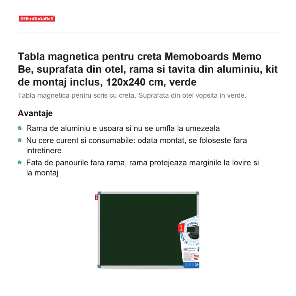 Tabla magnetica pentru creta Memoboards Memo Be, suprafata din otel, rama si tavita din aluminiu, kit de montaj inclus, 120x240 cm, verde [2]
