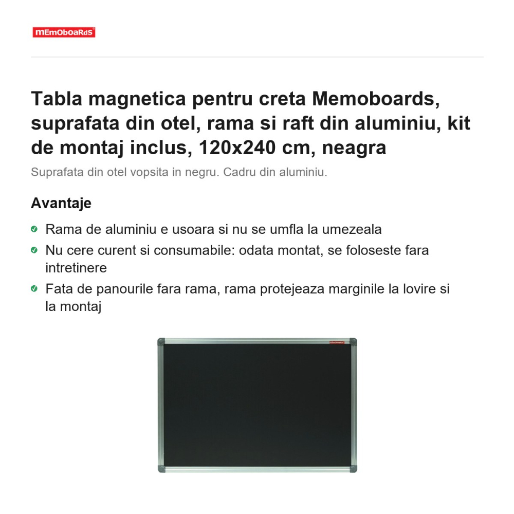 Tabla magnetica pentru creta Memoboards, suprafata din otel, rama si raft din aluminiu, kit de montaj inclus, 120x240 cm, neagra [2]