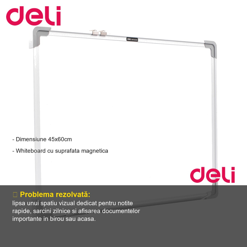 Tabla whiteboard magnetica Deli, 45x60 cm, suprafata scriere si afisare, pentru birou si sala de clasa [2]
