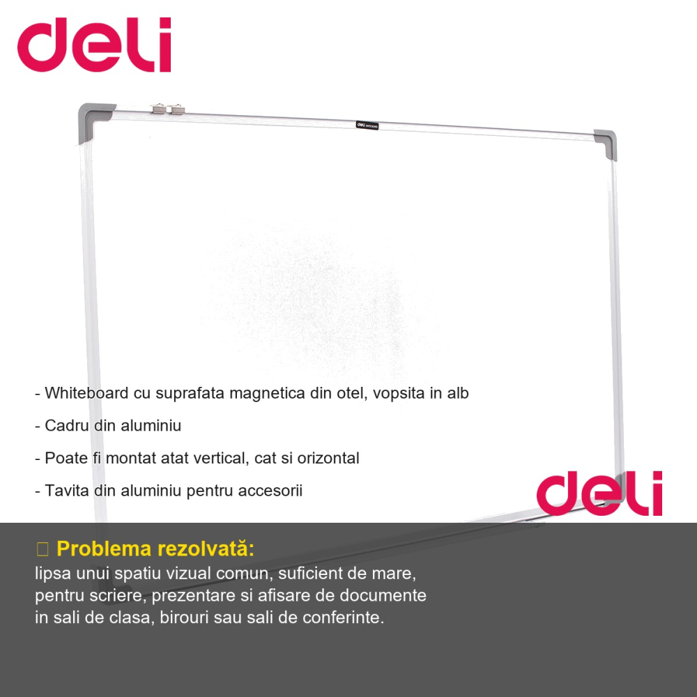 Tabla whiteboard magnetica Deli, rama aluminiu, 120x180 cm, montare verticala sau orizontala, pentru birouri si sali de clasa [2]