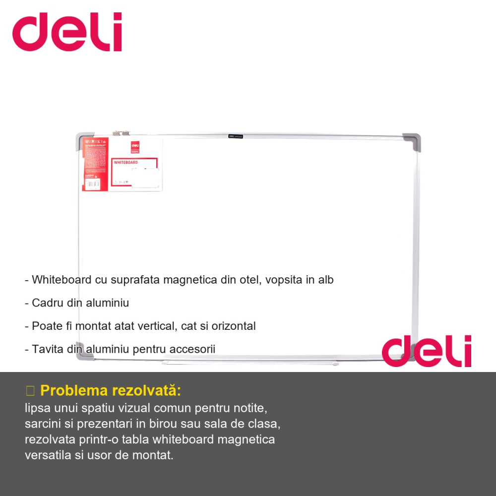 Tabla whiteboard magnetica Deli, rama aluminiu, 60x90 cm, montaj vertical sau orizontal, pentru birou si sala de clasa [2]