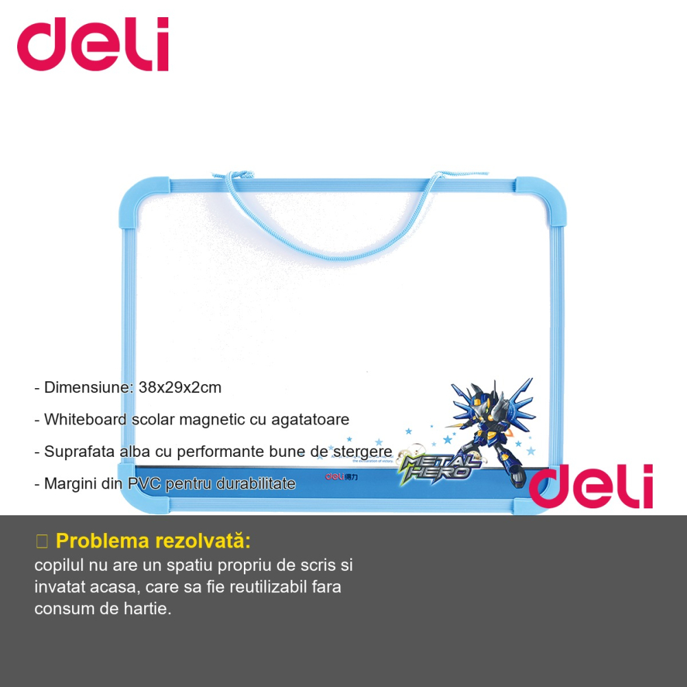 Tabla whiteboard scolara Deli, magnetica, rama PVC, cu agatatoare, pentru copii, 38x29 cm [2]