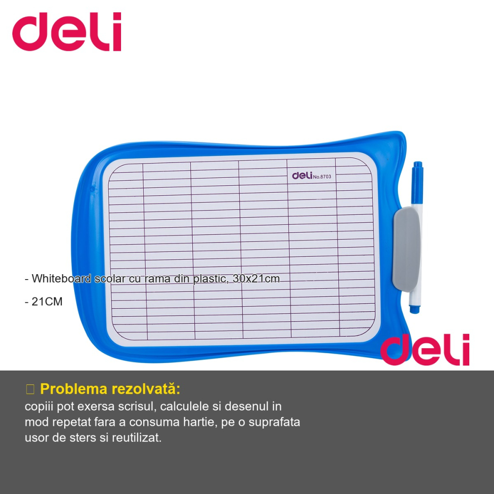Tabla whiteboard scolara Deli, rama plastic, format mic 30x21cm, pentru copii si uz scolar [2]