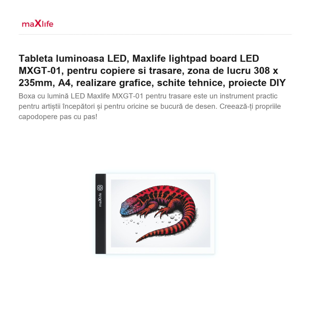 Tableta luminoasa LED, Maxlife lightpad board LED MXGT-01, pentru copiere si trasare, zona de lucru 308 x 235mm, A4, realizare grafice, schite tehnice, proiecte DIY [2]
