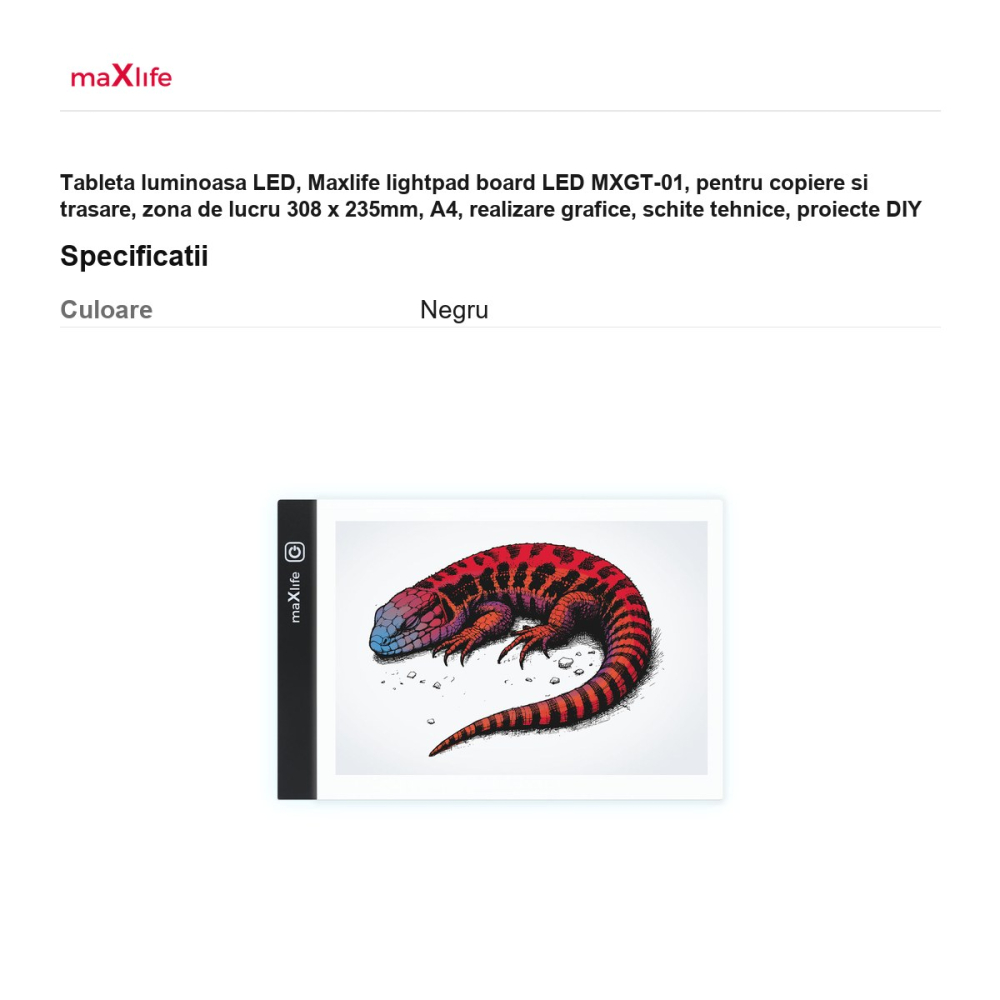 Tableta luminoasa LED, Maxlife lightpad board LED MXGT-01, pentru copiere si trasare, zona de lucru 308 x 235mm, A4, realizare grafice, schite tehnice, proiecte DIY [3]