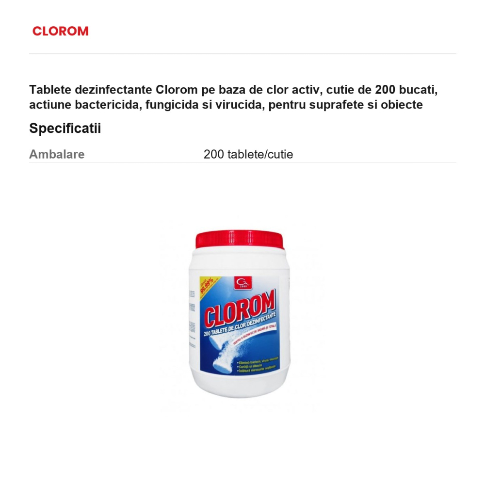 Tablete dezinfectante Clorom pe baza de clor activ, cutie de 200 bucati, actiune bactericida, fungicida si virucida, pentru suprafete si obiecte [3]
