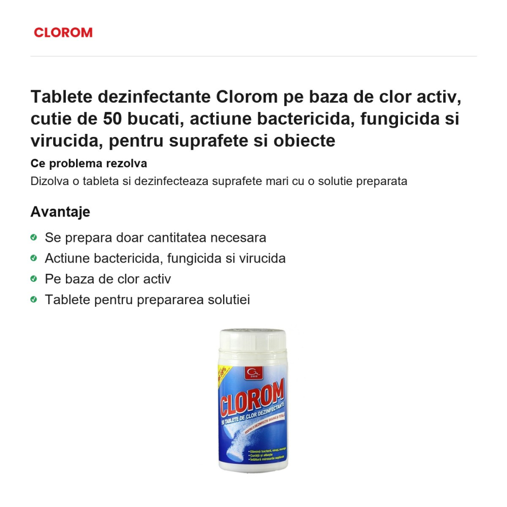 Tablete dezinfectante Clorom pe baza de clor activ, cutie de 50 bucati, actiune bactericida, fungicida si virucida, pentru suprafete si obiecte [2]