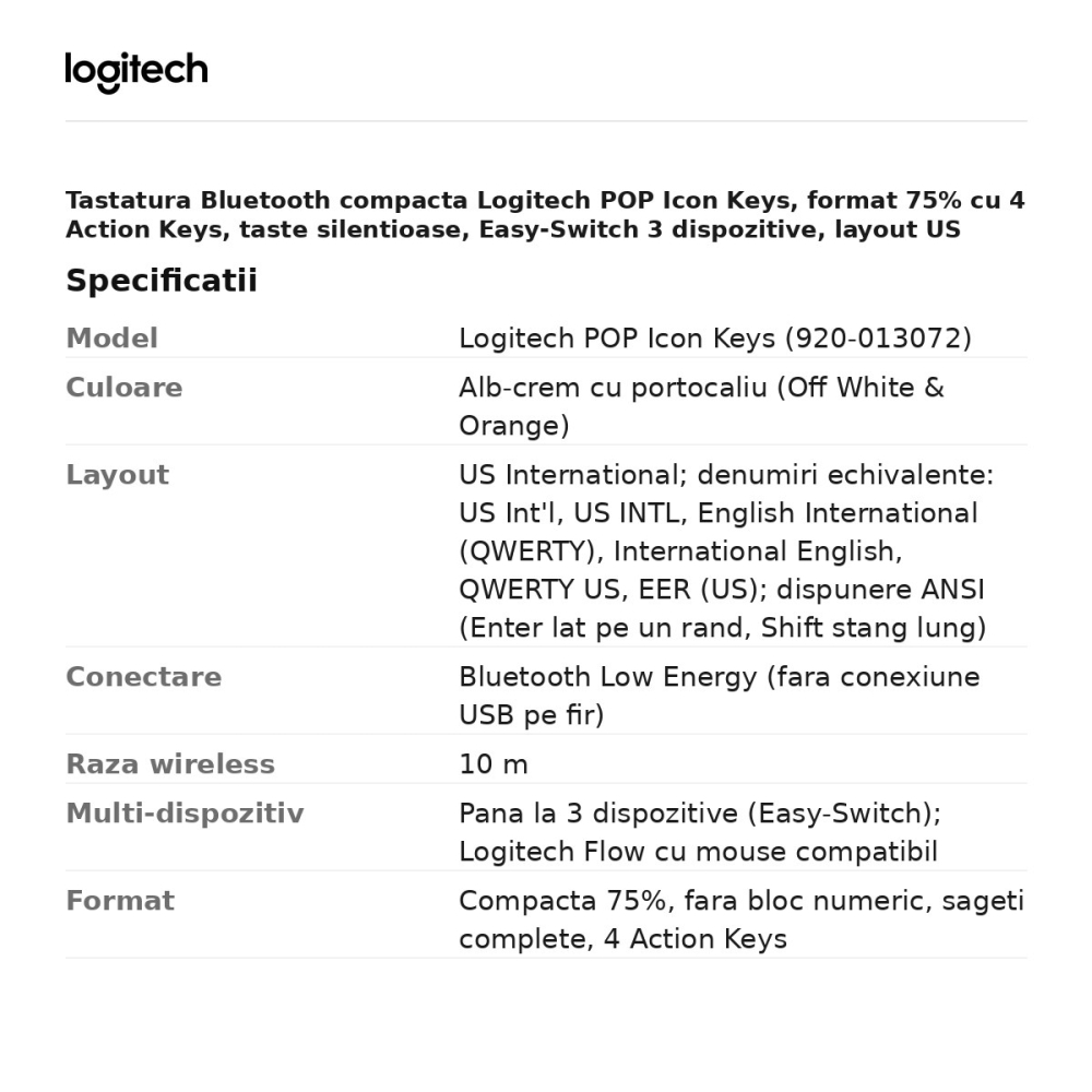 Tastatura Bluetooth compacta Logitech POP Icon Keys, format 75% cu 4 Action Keys, taste silentioase, Easy-Switch 3 dispozitive, layout US International, alb-crem cu portocaliu, 920-013072 [3]