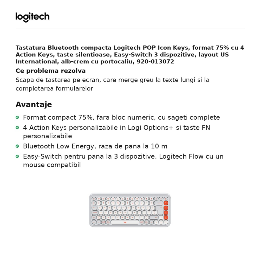Tastatura Bluetooth compacta Logitech POP Icon Keys, format 75% cu 4 Action Keys, taste silentioase, Easy-Switch 3 dispozitive, layout US International, alb-crem cu portocaliu, 920-013072 [2]