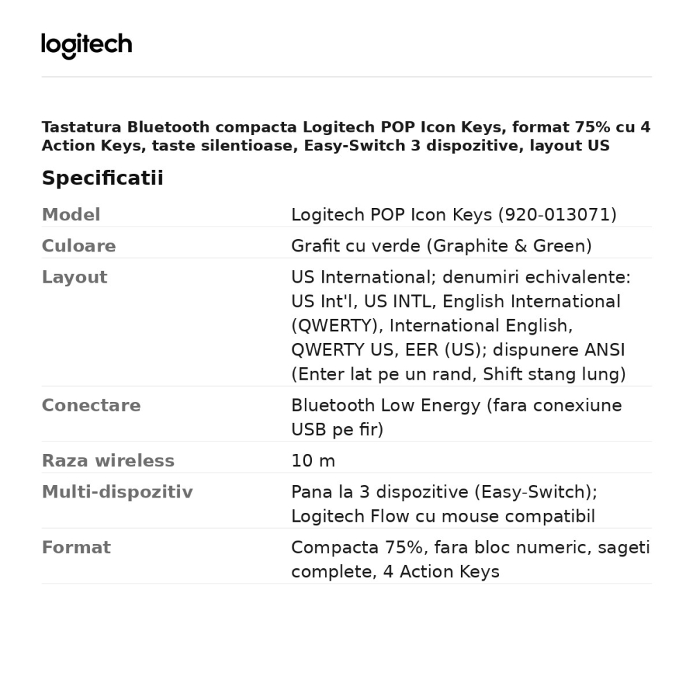 Tastatura Bluetooth compacta Logitech POP Icon Keys, format 75% cu 4 Action Keys, taste silentioase, Easy-Switch 3 dispozitive, layout US International, grafit cu verde, 920-013071 [3]