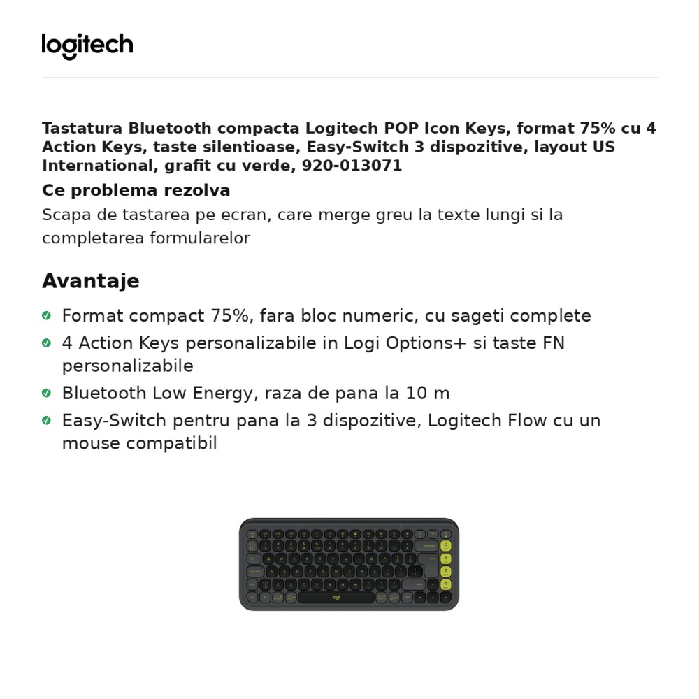 Tastatura Bluetooth compacta Logitech POP Icon Keys, format 75% cu 4 Action Keys, taste silentioase, Easy-Switch 3 dispozitive, layout US International, grafit cu verde, 920-013071 [2]