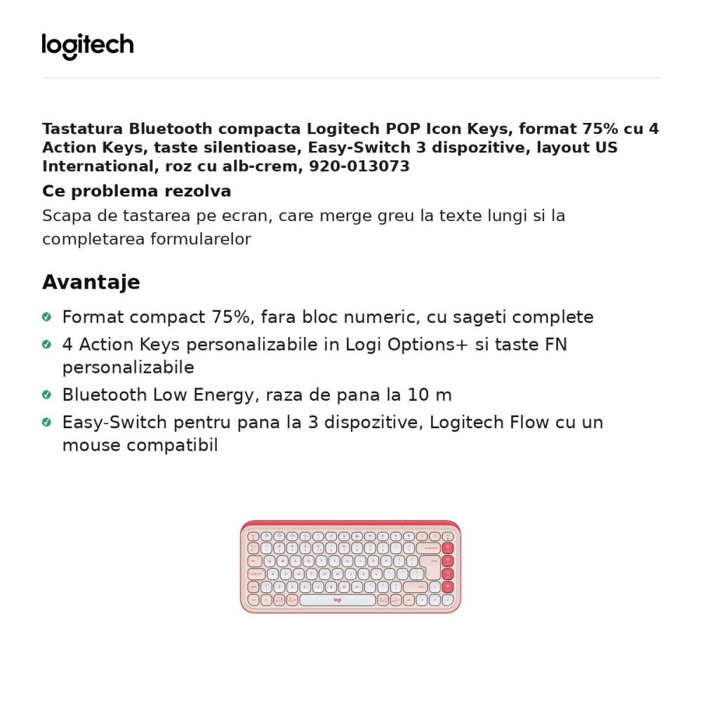 Tastatura Bluetooth compacta Logitech POP Icon Keys, format 75% cu 4 Action Keys, taste silentioase, Easy-Switch 3 dispozitive, layout US International, roz cu alb-crem, 920-013073 [2]