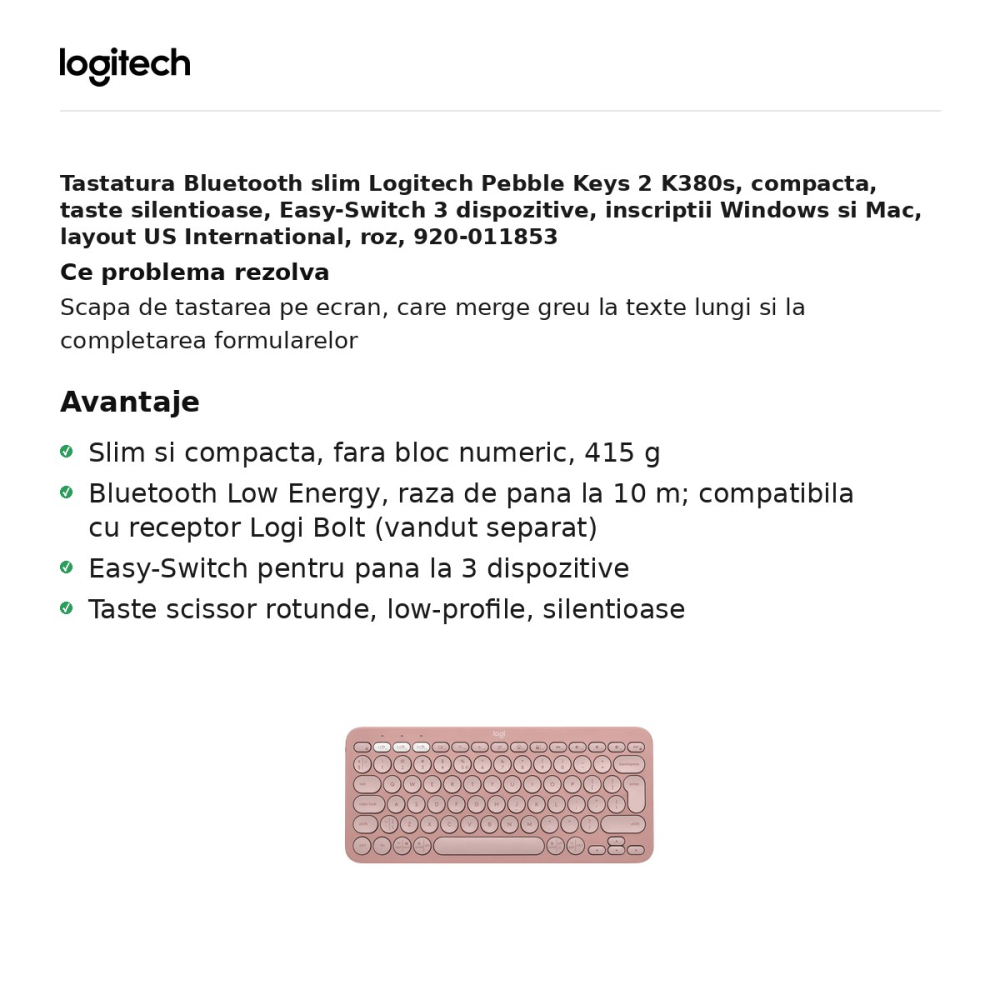 Tastatura Bluetooth slim Logitech Pebble Keys 2 K380s, compacta, taste silentioase, Easy-Switch 3 dispozitive, inscriptii Windows si Mac, layout US International, roz, 920-011853 [2]