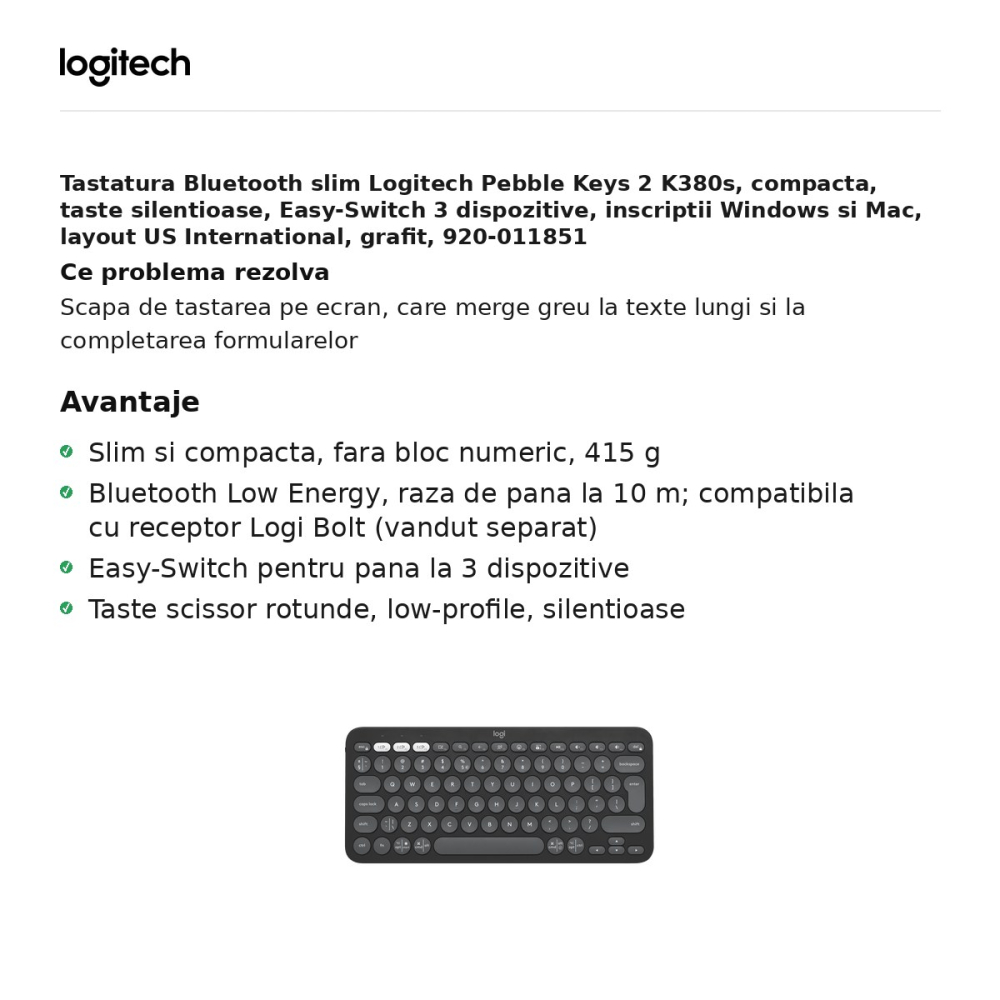 Tastatura Bluetooth slim Logitech Pebble Keys 2 K380s, compacta, taste silentioase, Easy-Switch 3 dispozitive, inscriptii Windows si Mac, layout US International, grafit, 920-011851 [2]