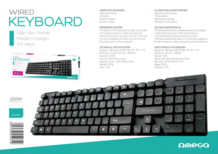Tastatura cu cablu USB, Omega OK-35B, 104 taste cu profil inalt, US, neagra [8]