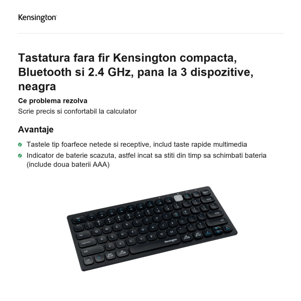 Tastatura fara fir Kensington compacta, Bluetooth si 2.4 GHz, pana la 3 dispozitive, neagra [2]