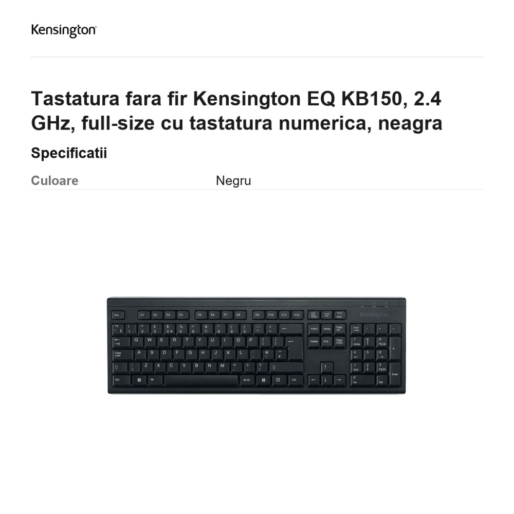 Tastatura fara fir Kensington EQ KB150, 2.4 GHz, full-size cu tastatura numerica, neagra [3]