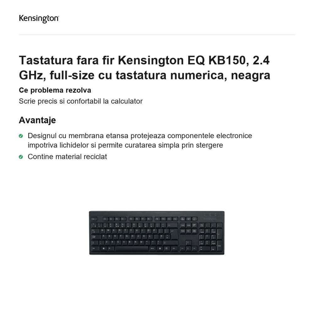 Tastatura fara fir Kensington EQ KB150, 2.4 GHz, full-size cu tastatura numerica, neagra [2]