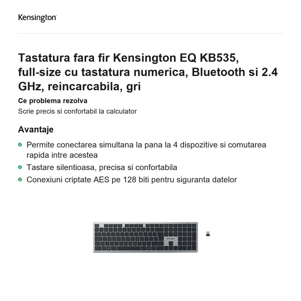 Tastatura fara fir Kensington EQ KB535, full-size cu tastatura numerica, Bluetooth si 2.4 GHz, reincarcabila, gri [2]