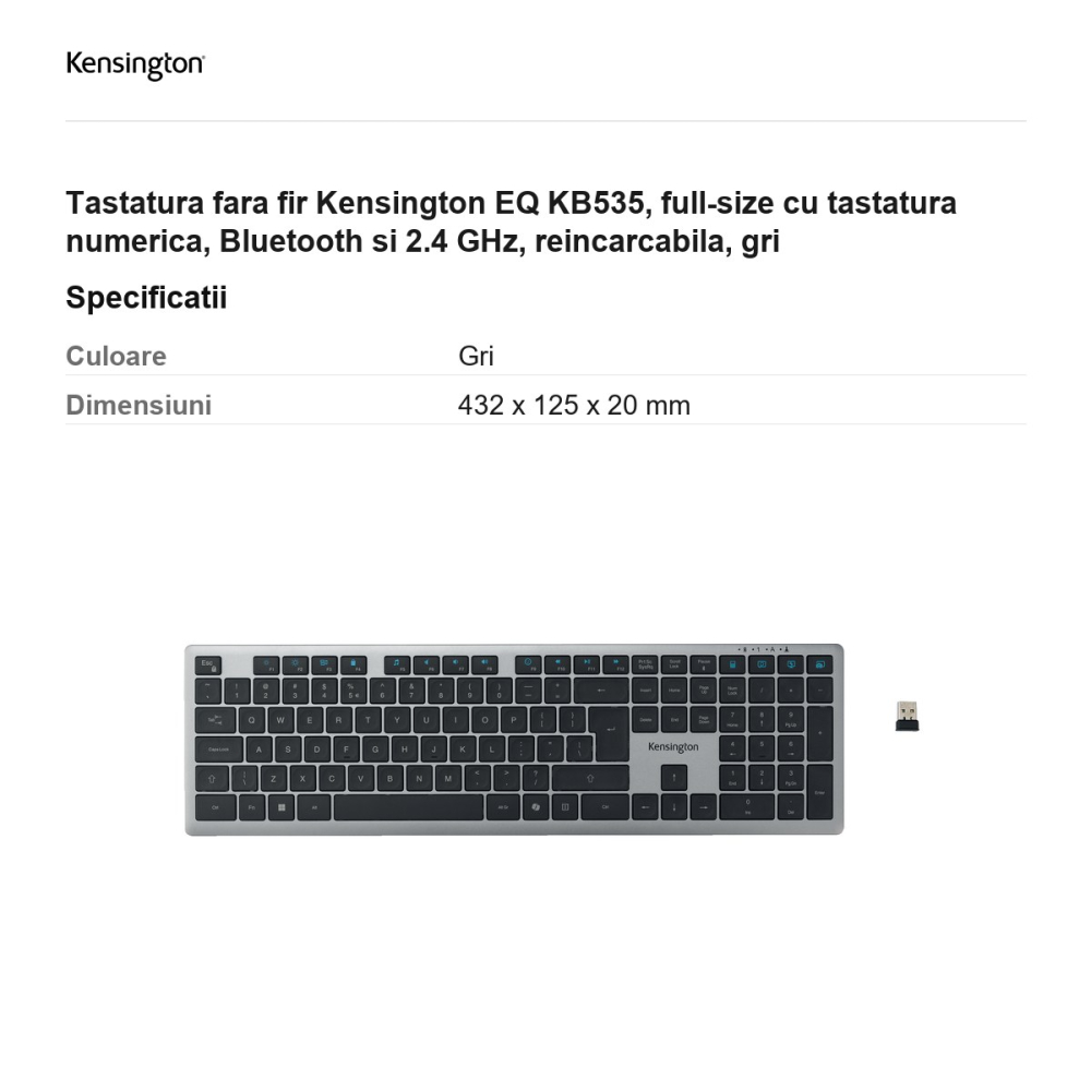 Tastatura fara fir Kensington EQ KB535, full-size cu tastatura numerica, Bluetooth si 2.4 GHz, reincarcabila, gri [3]
