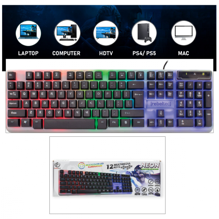 Tastatura gaming cu 12 taste multimedia, anti-ghosting, Neon, iluminare LED din spate, lungime cablu 1.8 m [3]