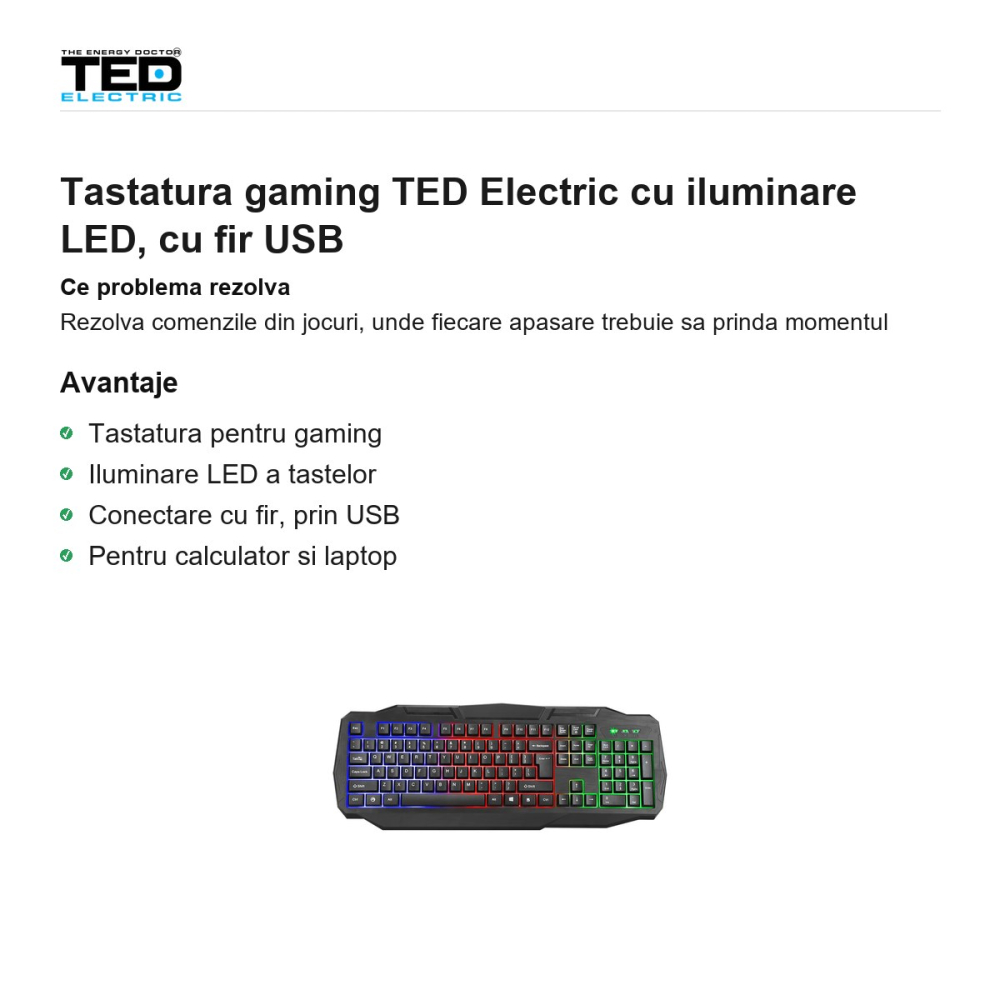 Tastatura gaming TED Electric cu iluminare LED, cu fir USB [2]